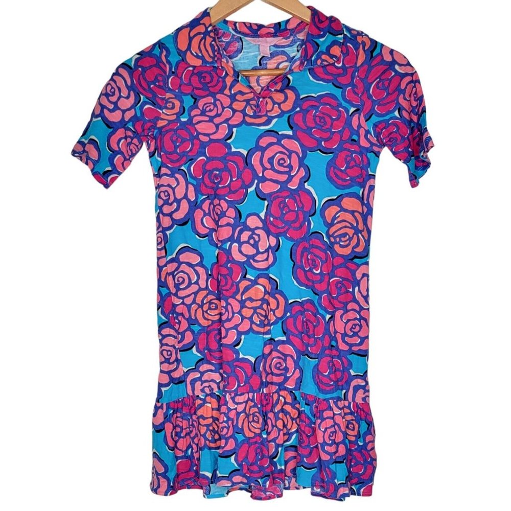 Lilly Pultizer Girls Large 8 / 10 Blue Soft Roses Collared Shirt Dress